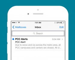 Mobile phone graphic with an example email that reads 'PCC Alert! Due to snow and ice across the metro area, all PCC campuses and centes are closed. All classes and activities are canceled.'