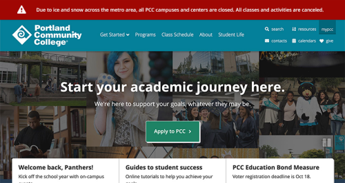 PCC homepage with an example red alert bar across the top that reads 'Due to snow and ice across the metro area, all PCC campuses and centes are closed. All classes and activities are canceled.