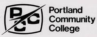 Rounded rectangle surrounding the letters PCC with an arrow over the top to the left of the words Portland Community College