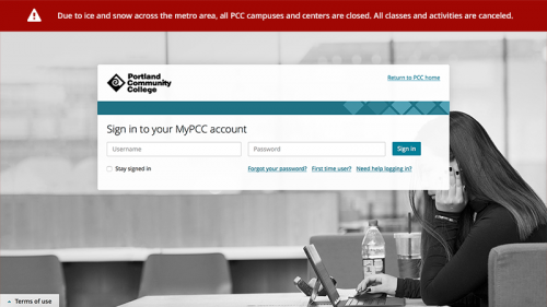 MyPCC login page with an example red alert bar across the top that reads 'Due to snow and ice across the metro area, all PCC campuses and centes are closed. All classes and activities are canceled.