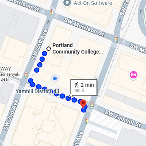 From the Downtown Center main entrance, exit left on SW 2nd and turn left on SW Yamhill and proceed to the corner of SW 1st Ave and SW Yamhill St.