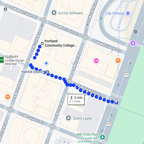 From the Downtown Center main entrance, exit left on SW 2nd and turn left on SW Yamhill, proceed two blocks and cross SW 1st and Naito Parkway into Tom McCall Waterfront Park.