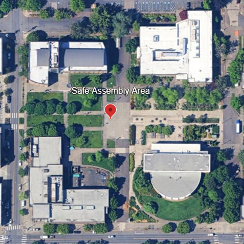 There is a safe assembly area near the center of campus, south of the Student Services Building and north of the Moriarty Arts and Humanities Building