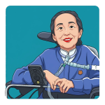 Cartoon of Alice Wong wearing a blue sweater and smiling