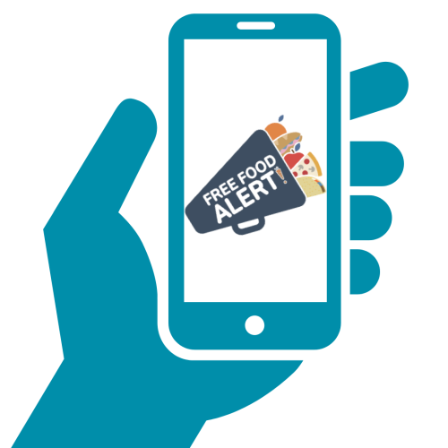 illustration of hand holding phone that displays the free food alert icon