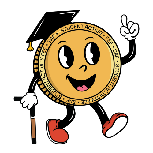 student activity fee mascot character: a coin with smiling face, walking stick, and graduation cap