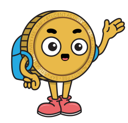 Modern cartoon depiction of an anthropomorphic coin wearing a backpack and waiving at the viewer.