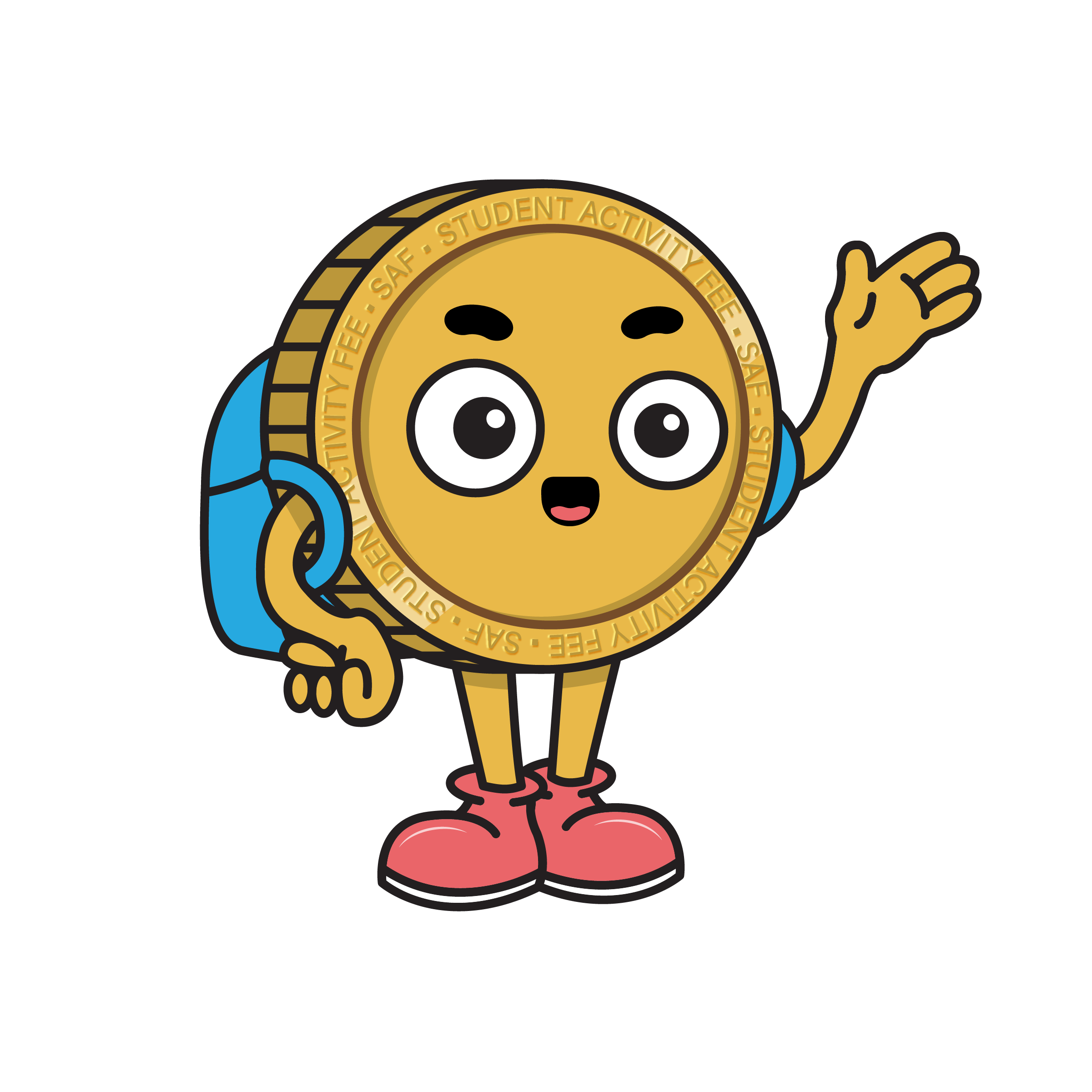 Modern cartoon depiction of an anthropomorphic coin wearing a backpack and waiving at the viewer.