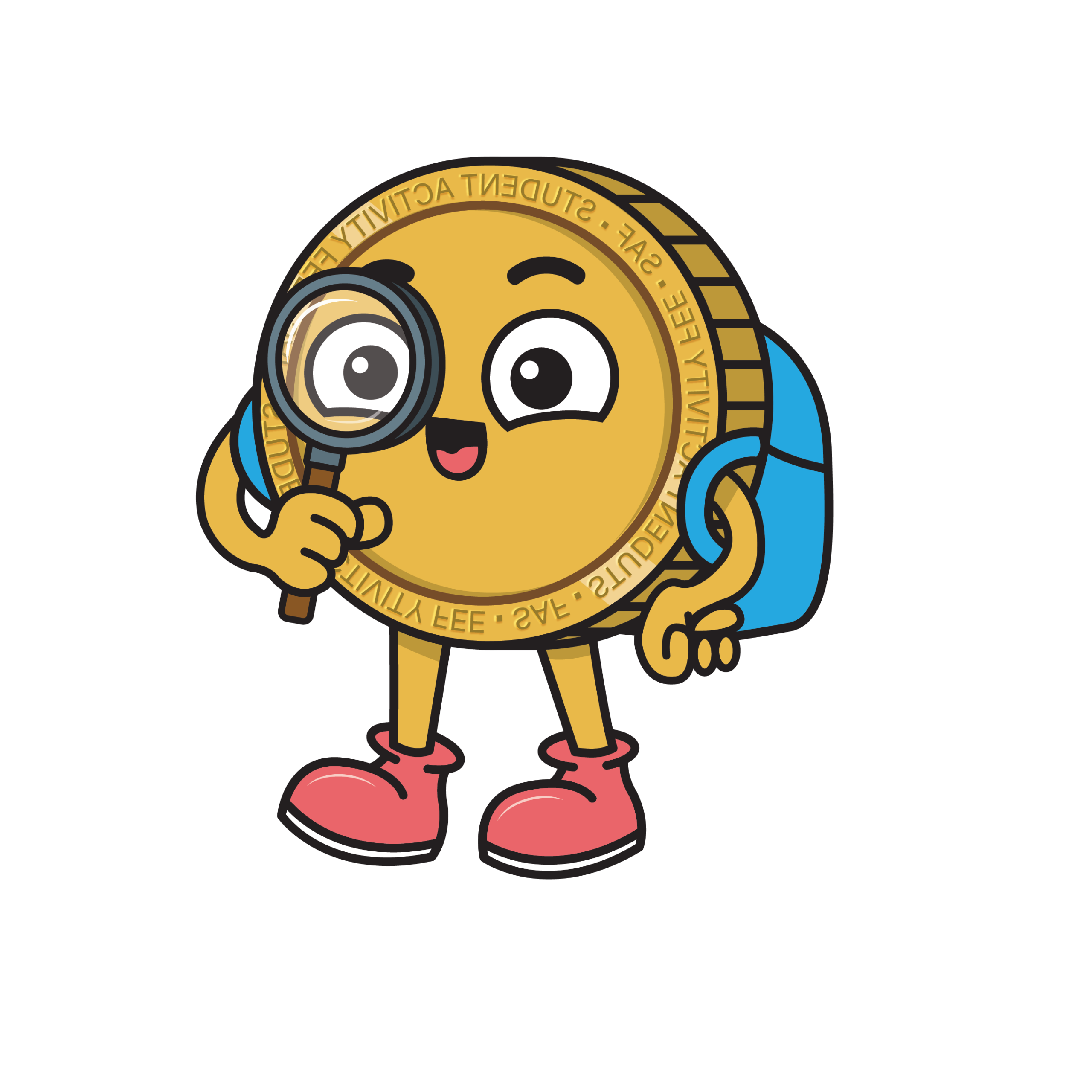 An anthropomorphic cartoon coin wearing a backpack, holding a magnifying glass up to their eye
