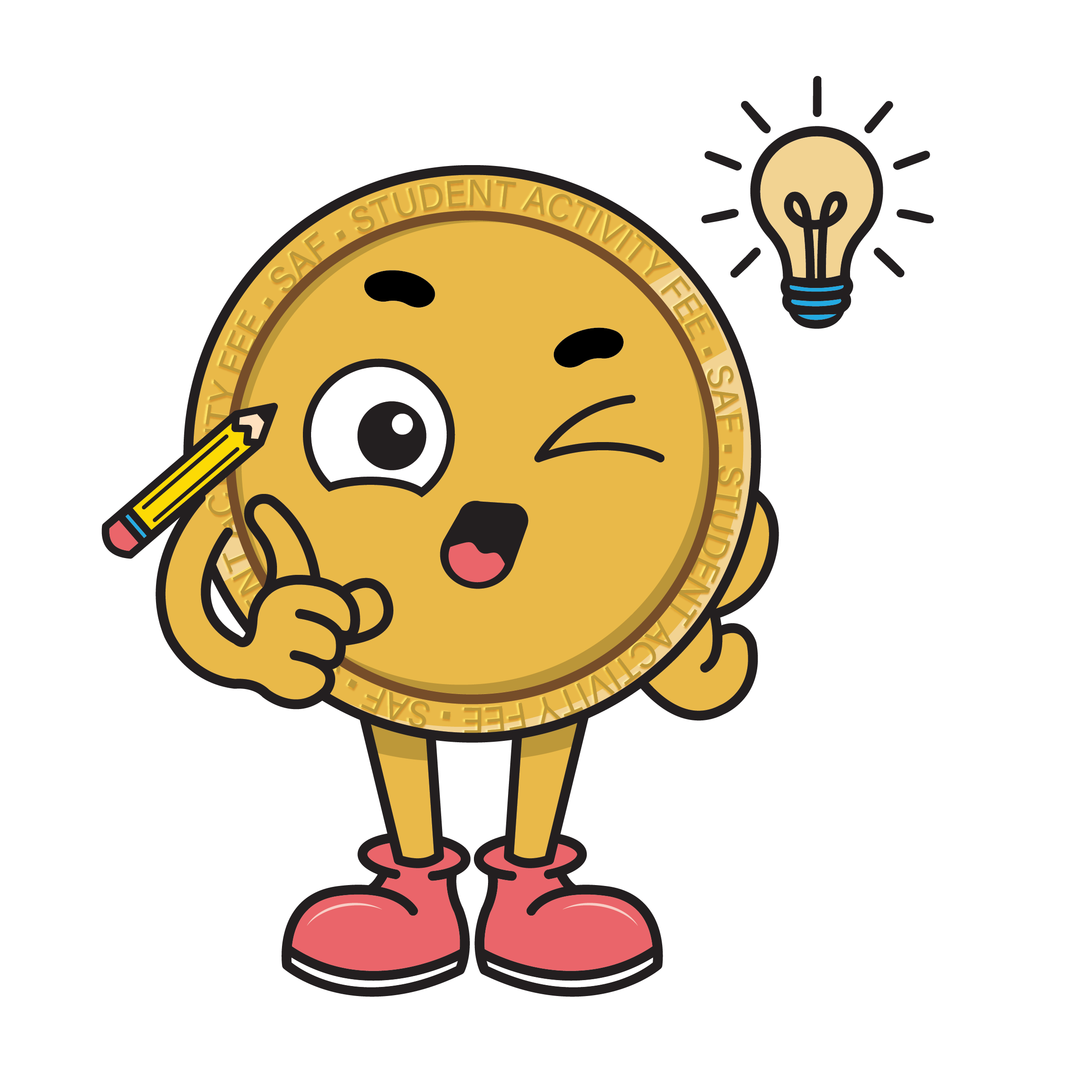 An anthropomorphic cartoon coin winking at the viewer with a lightbulb indicating they've had an idea.