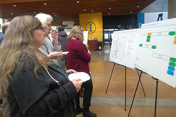 People looking at posters about the construction