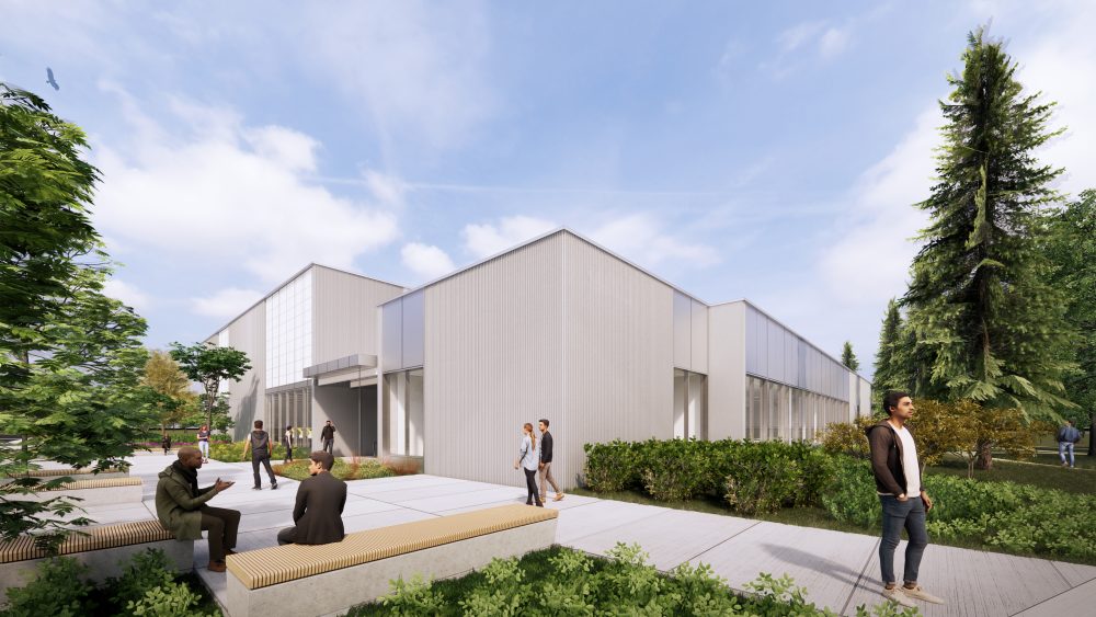 Rendering of exterior view of southwest corner of the OMIC Training Center.