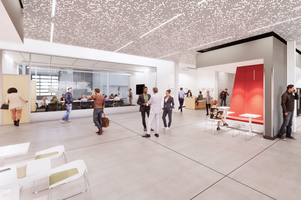 Rendering of interior view of the building's circulation space looking north into the boardroom.