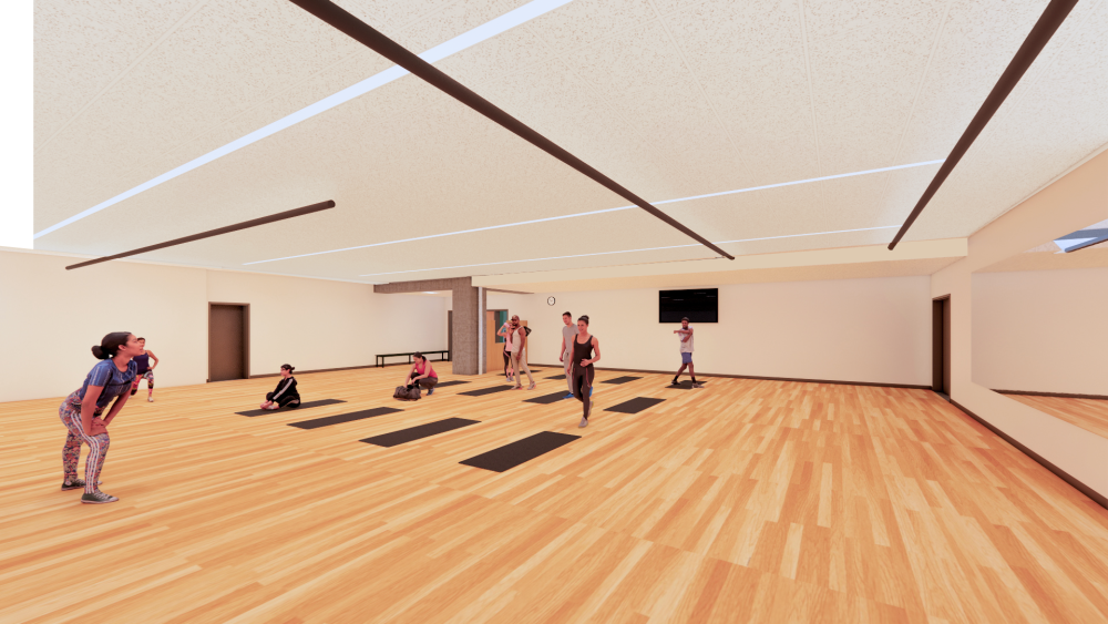 Rendering of the multi purpose room at the basement of HT building with a few people stretching