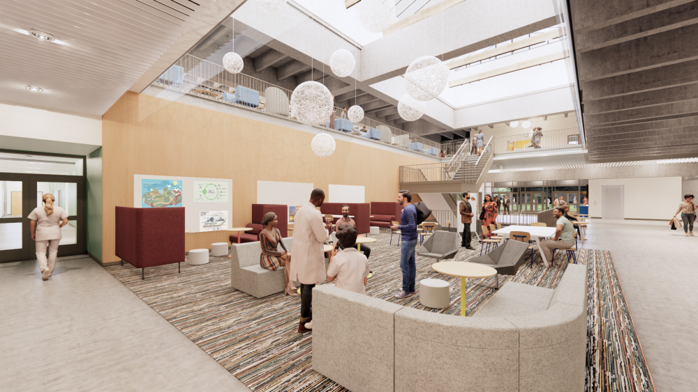 Rending of open collaboration space shows students gathered around a diverse option of seating, there are couches, tables with chairs around and booths for study