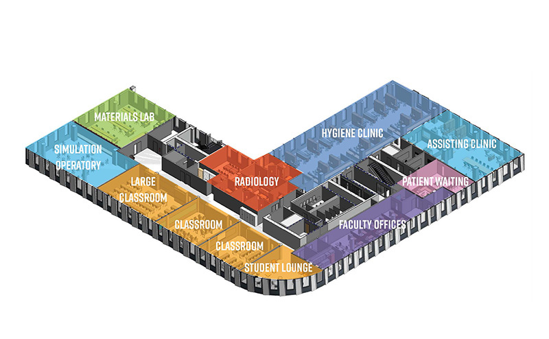 Rendering of the building interior layout for Dental Sciences, overlayed with each program area