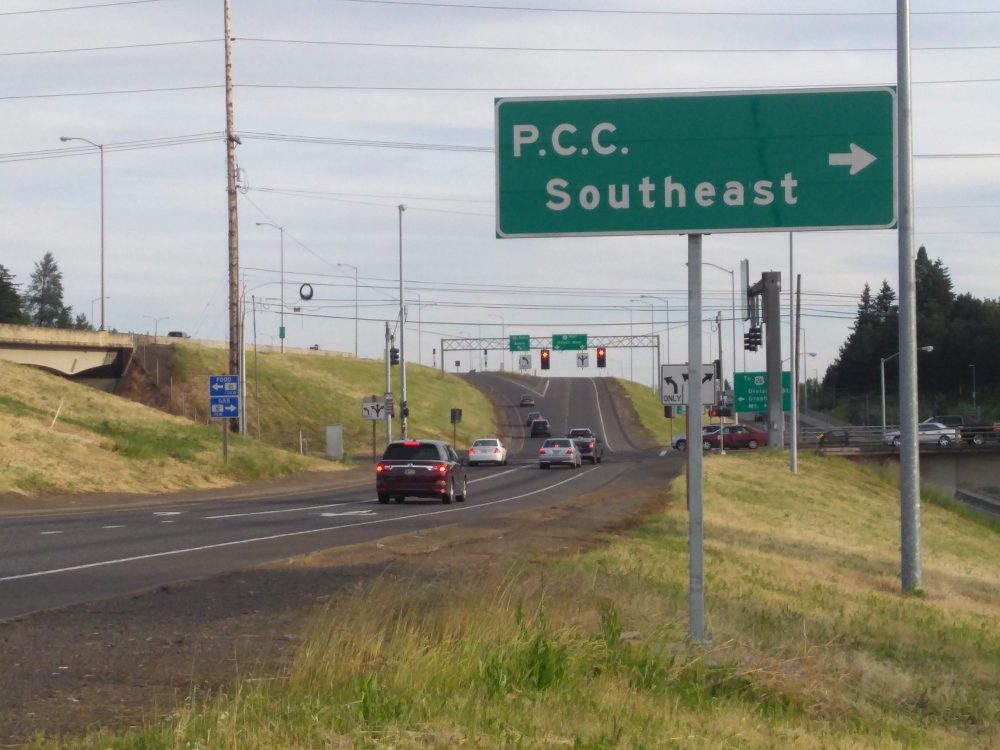 Photo of sing on highway 205 that directs to PCC Southeast Campus