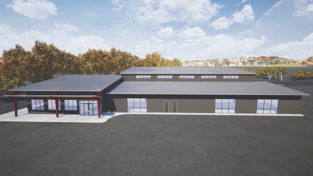 Exterior rendering south elevation looking at entrance and classrooms