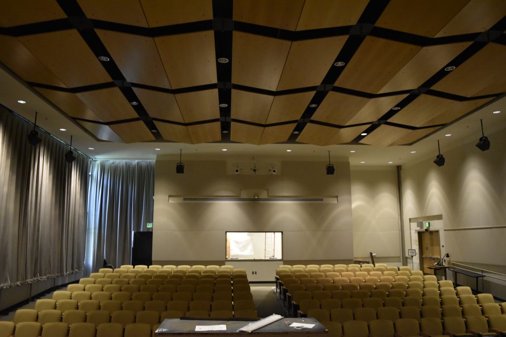 Wide view of the entire Moriarty Auditorium seen from the front