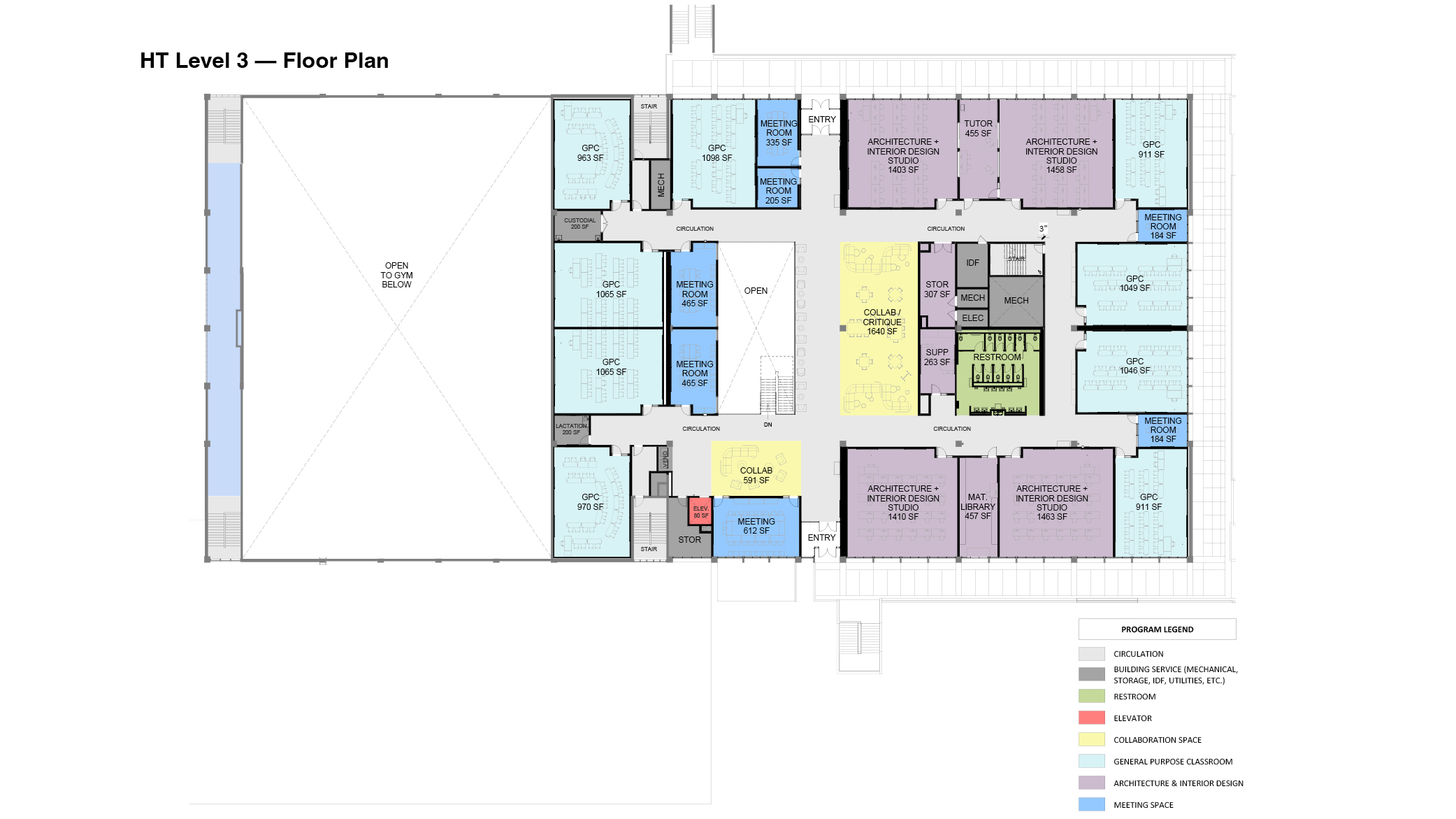 HT Level 3 floor plan, showing areas for the new general purpose classrooms, collaboration and critique areas, meeting rooms, Architecture & Interior Design teaching areas, all-user restrooms and elevator