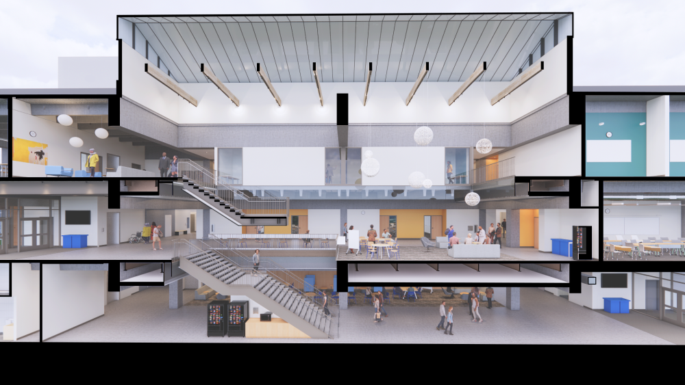 Rendering of building cut across showing Levels 3, 2 and 1 spaces such as stair case and gathering areas.