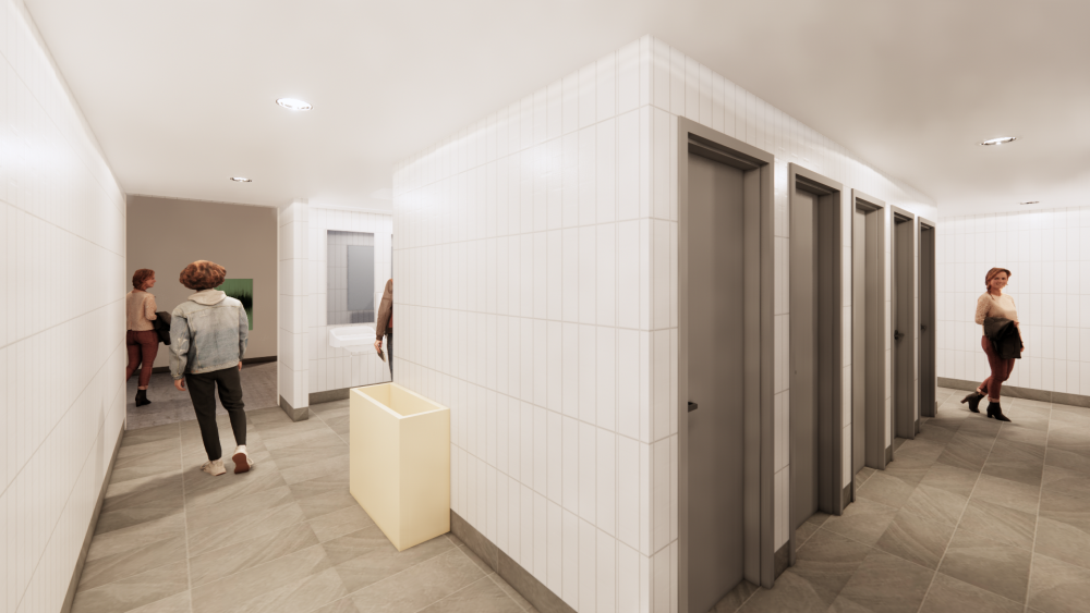 Rendering of all-user restroom facilities showing the full length doors on each compartment and shared sinks