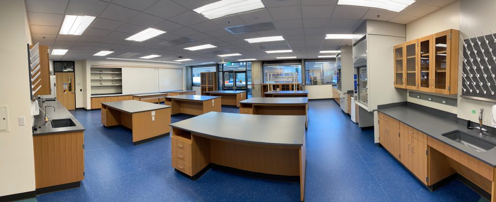 Panoramic view of new Biology lab in ST showing the lab stations and cabinets around the room