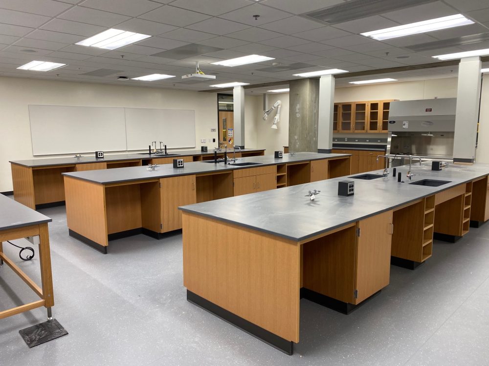 Biology lab showing long lab stations during construction