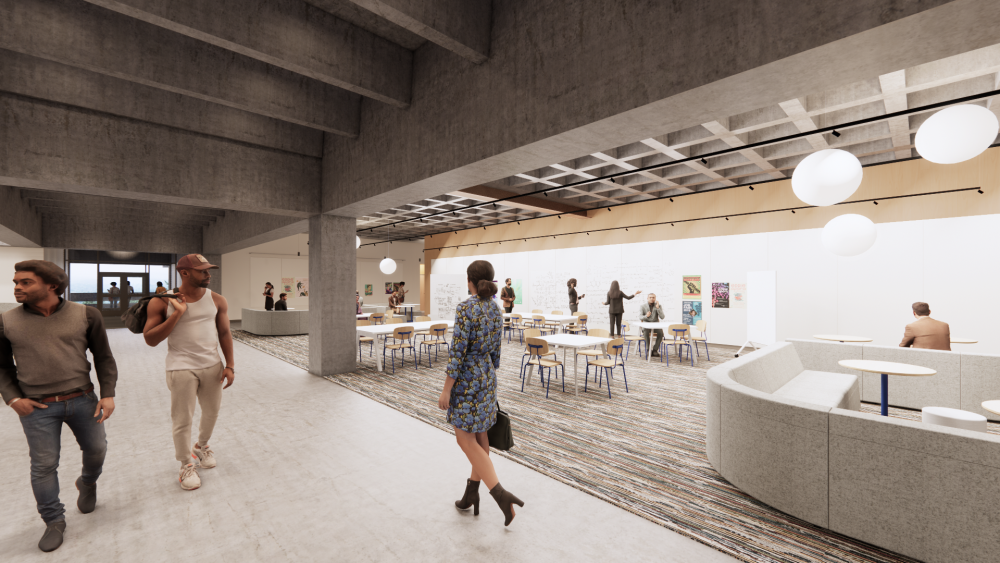 Rendering showing the student critique and collaboration areas outside the Architecture and Interior Design classrooms with a large white pin board to display student materials