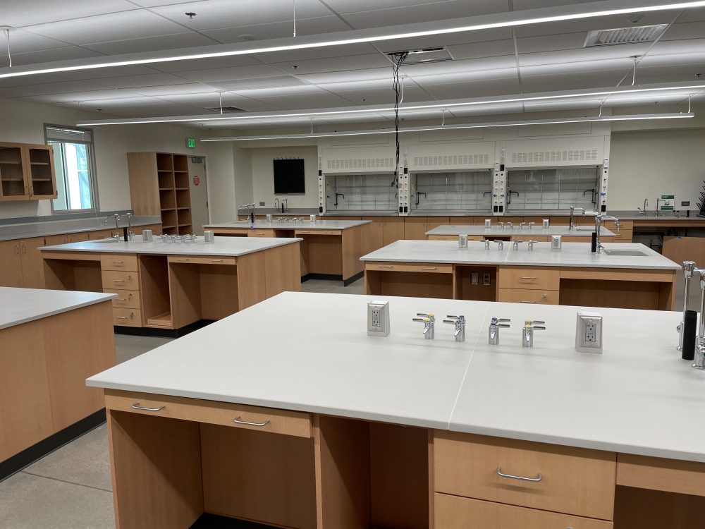 Six new laboratory stations with new plumbing and lines for different gases on each table, showing the fume hoods in the back