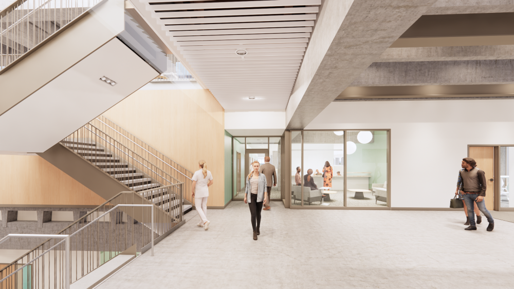 Rendering showing the area outside the Academic office on the back. Stairs shown on the left of the image connect to Level 3 and Level 1.