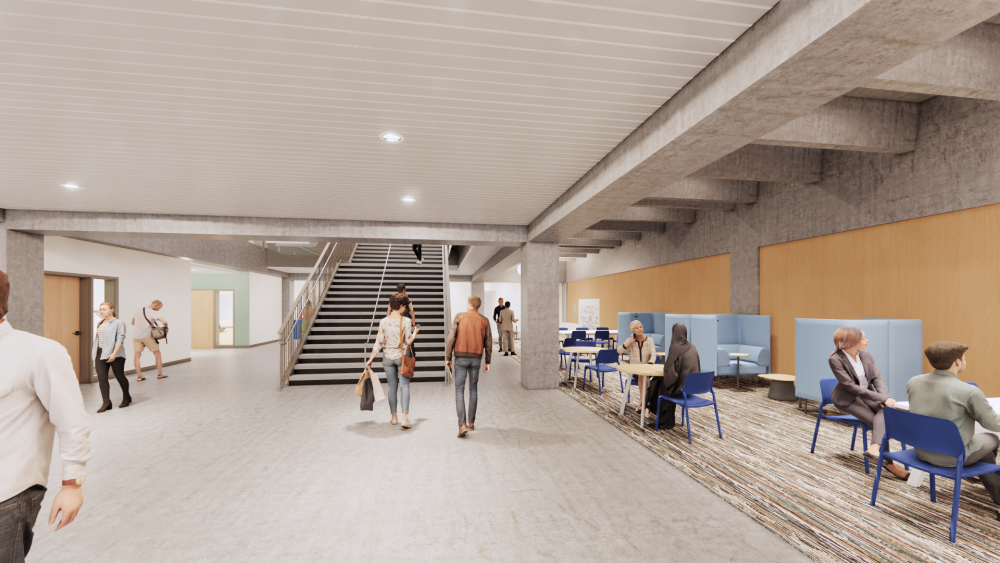 Rendering of the landing on HT level 1 seen as coming from the north entrance of the building. Students are walking toward the stairs that connects to level 2, on the right there are students using the tables and chairs.