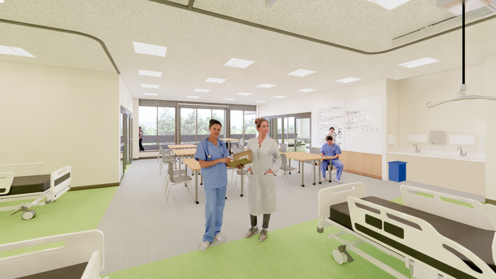 Rendering of nursing students at a patient simulation area where there are beds set up for their skill practicing and tables for student discussions