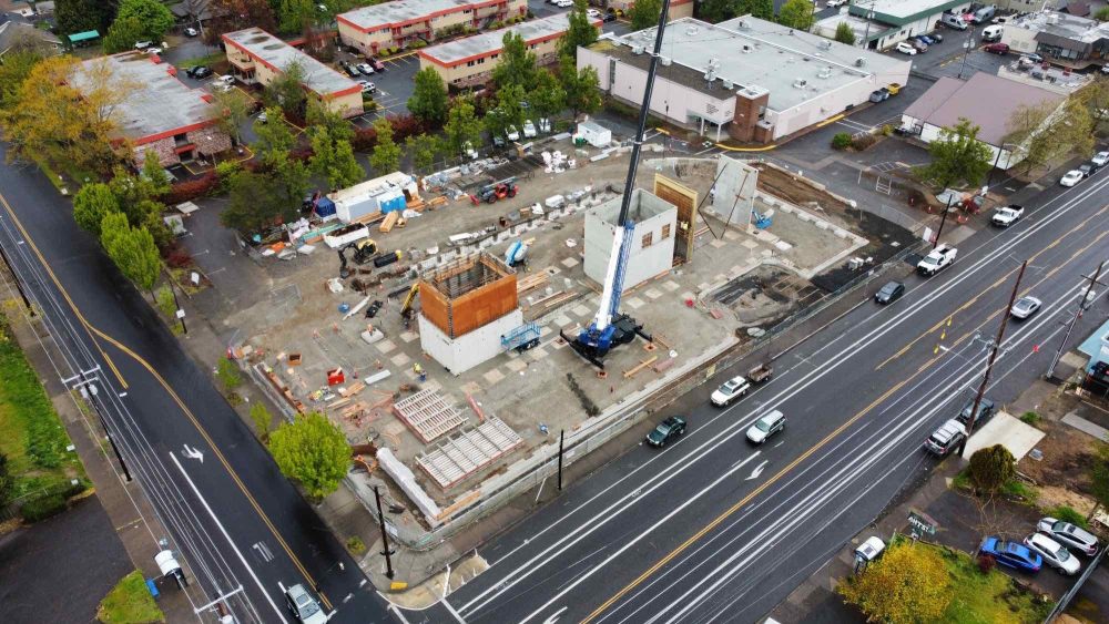 Aerial view of the site looking at footings, crane and first structures built for stairs