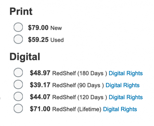 Screenshot of online textbook ordering options, showing new, used, digital, and rental options