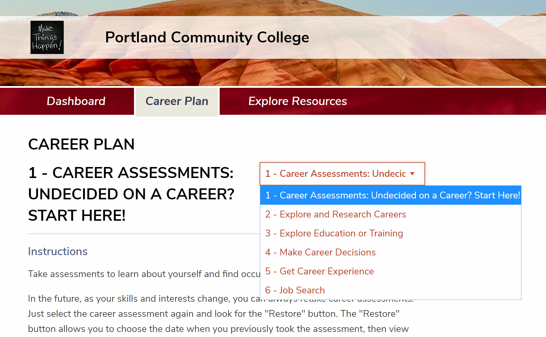 Screenshot of Career Plan tab with a dropdown menu showing topics related to choosing a career