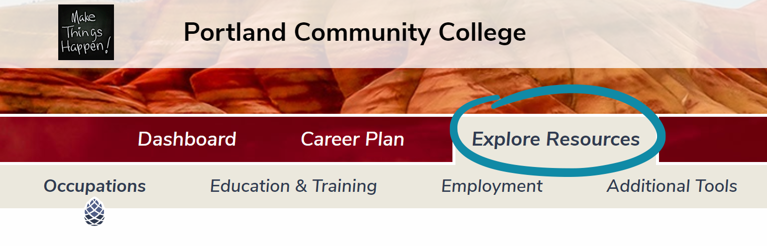 Screenshot of the Resources tab, showing categories underneath such as occupations, education, and training