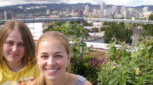 Students working on rooftop garden