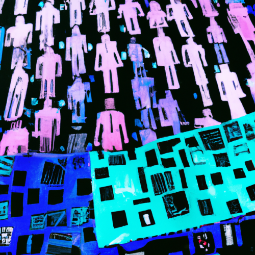 Stylized, slightly blocky abstract image. Black background with pink stick figure humans in top half of image, blue and turquoise rectangular shapes with black cutouts in bottom half - reminiscent of office or apartment buildings.