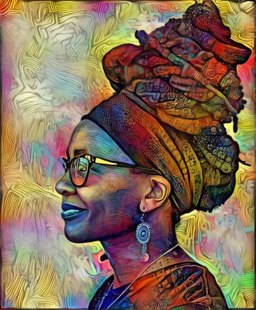Who Fears Digital Algorithm Painting - A colorful, AI-stylized, semi-realist portrait. Profile bust of a smiling young black woman wearing a head wrap, glasses, and large earrings.