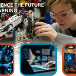 Collage with the text ‘Experience the Future of Learning’: a boy with a robotic toy, a woman wearing AR goggles, a hand using a data dashboard, and a man at a computer.