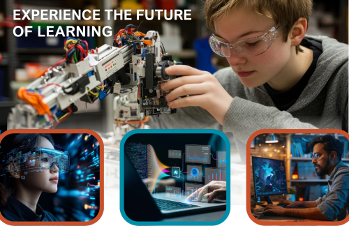Collage with the text ‘Experience the Future of Learning’: a boy with a robotic toy, a woman wearing AR goggles, a hand using a data dashboard, and a man at a computer.