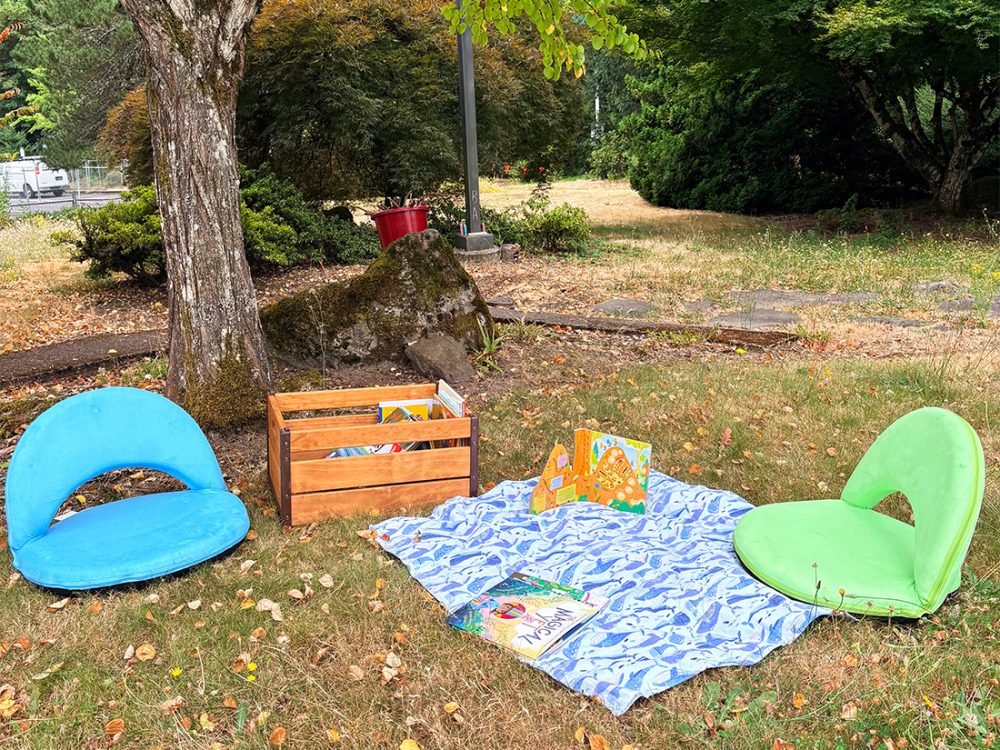 Seating area with cushions and books