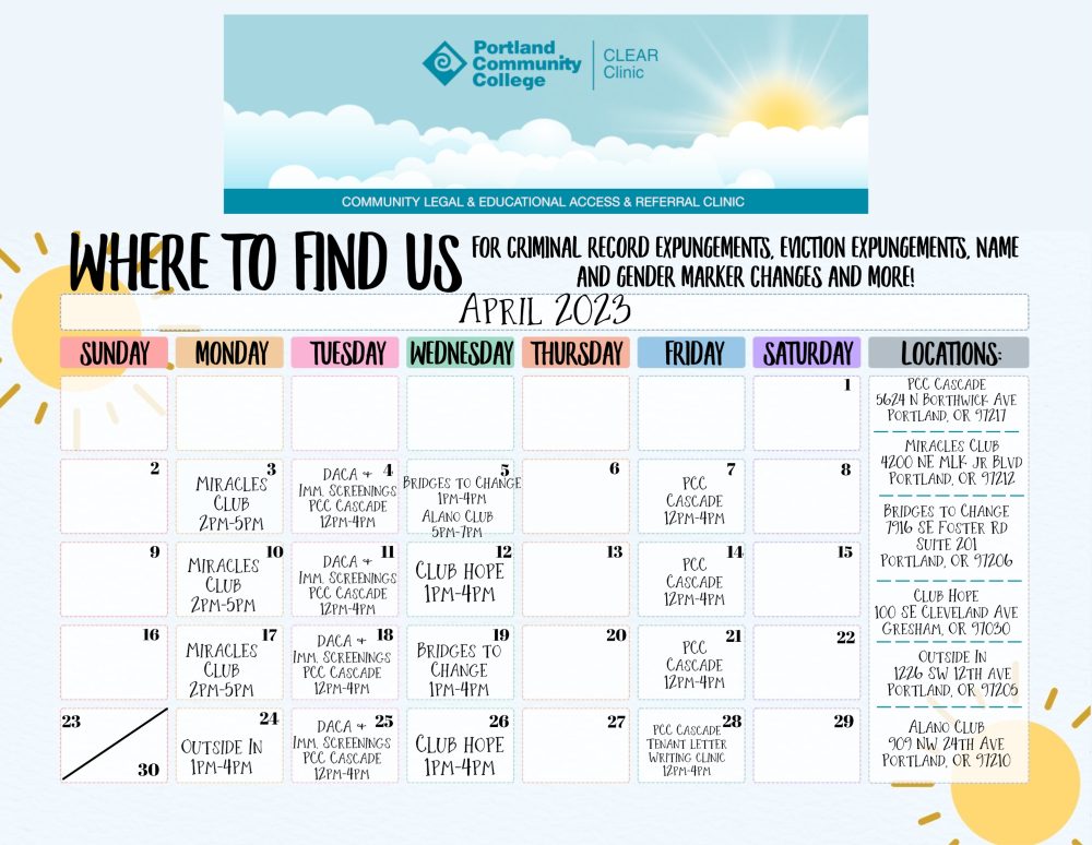 Calendar | PCC CLEAR Clinic at PCC