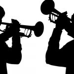 black and white illustration of two people playing trumpet