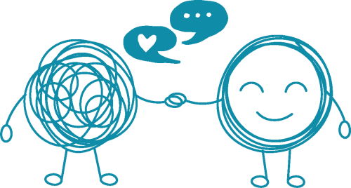 cartoon shapes holding hands, sharing words