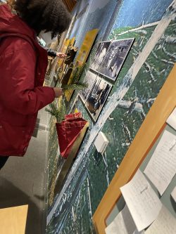 Trip Organizer and AAOT student at PCC Cay Dillard stands in the Tillamook Forest main hall, holding a sprig of pine, one of the museum's many multi-sensory accessible displays.