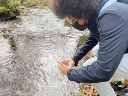 PCC student Kwanjai Welch-Lucier releases her fry, carefully leaning over Jones Creek with her plastic cup. 