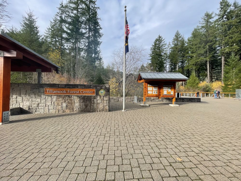 Establishing shot of the Tillamook Forest Center welcome area. Cement cobble stones, a shelter and information board, a flagpole flying the American Flag and Flag of the State of Oregon, and a wooden sign on a stone wall that says 'Tillamook Forest Center'.