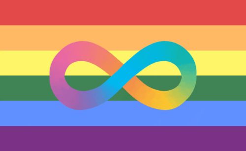 A rainbow flag with horizontal stripes and an infinity symbol in the center colored with a rainbow gradient.